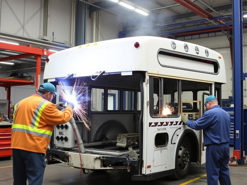 Bus collision and structural repair being performed