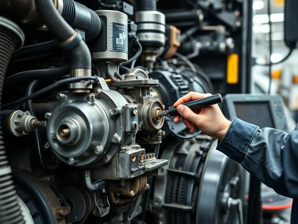 Technician performing transit bus repair on engine components
